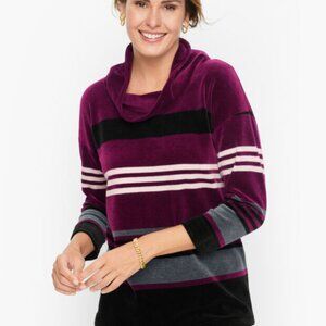 Talbots Striped Dark Purple Velour Cowlneck Pullover Cozycore Sweater Sz XL